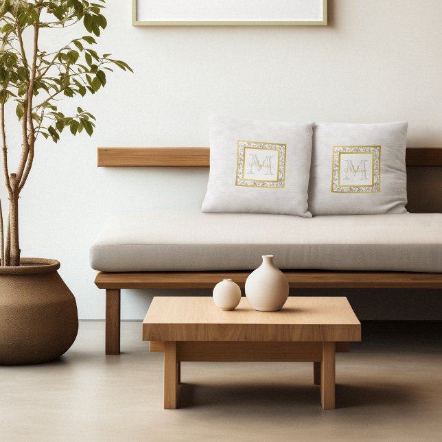 Girly Faux White Leather Marble Gold Monogram Cushion (Creator Uploaded)