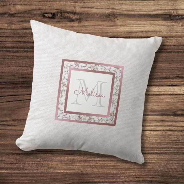 Girly Faux White Leather Marble Rose Gold Monogram Cushion (Creator Uploaded)