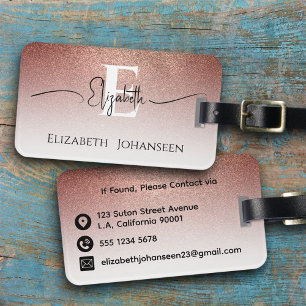 Girly Feminine Rose Gold Glitter White Monogrammed Luggage Tag