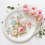 Girly Feminine Vintage Pink Roses Paper Plate<br><div class="desc">Gorgeous cluster of pink roses and daisies with blue wildflowers and sage foliage. Background colour can be customised.</div>