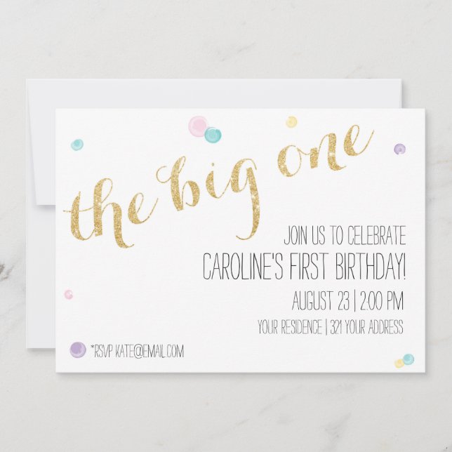 Girly First Birthday Invitation - Glitter Gold (Front)