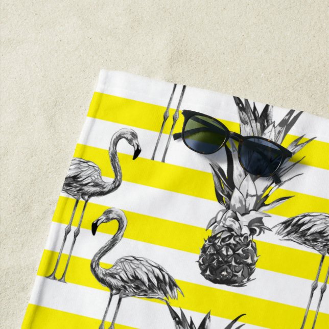 Girly Flamingo Pineapple Yellow White Monogrammed Beach Towel (In Situ)