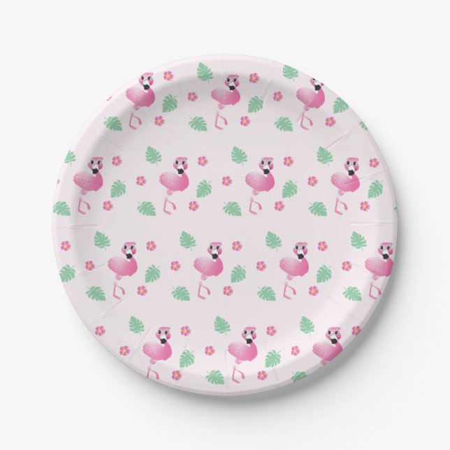 Girly Flamingo Tropical Flowers Leaf Pattern Pink Paper Plate (Front)