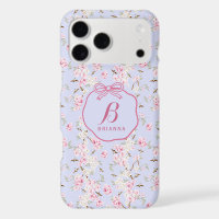 Girly Floral Blue Pink Bow Coquette Monogram