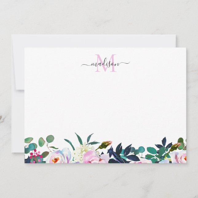 Girly Floral Blush Pink Peony Botanical Monogram Card (Front)