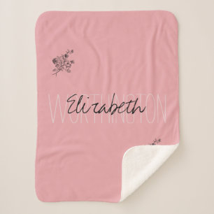 Girly Floral Calligraphy Name pink blush red Sherpa Blanket