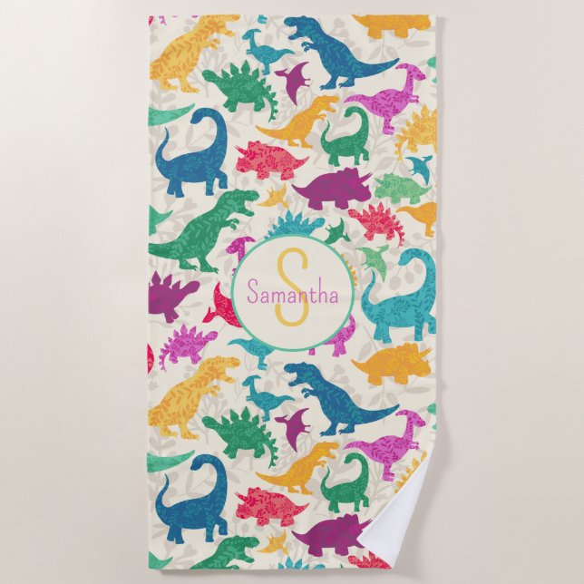 Girly Floral Dinosaur Silhouette Girls Beach Towel (Front)