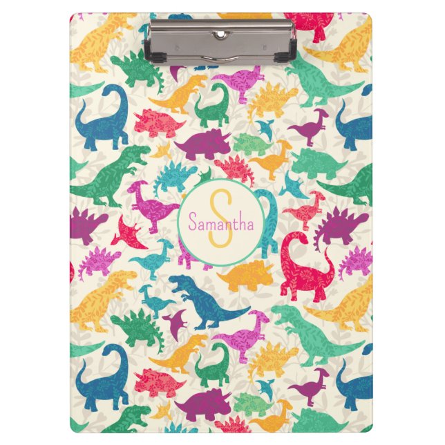 Girly Floral Dinosaur Silhouette Girls Clipboard (Front)