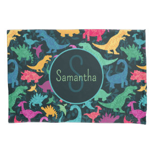 Girly Floral Dinosaur Silhouette Girls Pillowcase