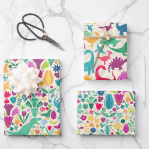 Girly Floral Dinosaur Silhouette Maximal Folk Wrapping Paper Sheet