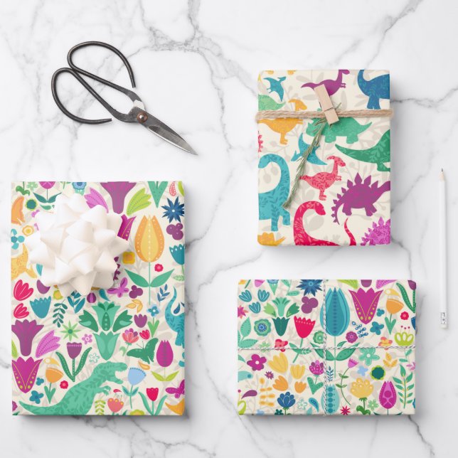 Girly Floral Dinosaur Silhouette Maximal Folk Wrapping Paper Sheet (Front)