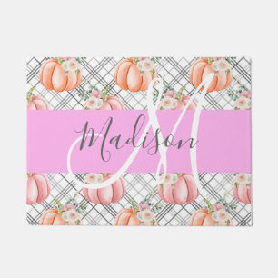 Girly Floral Gray Pink Peach Pumpkin Monogram Name Doormat