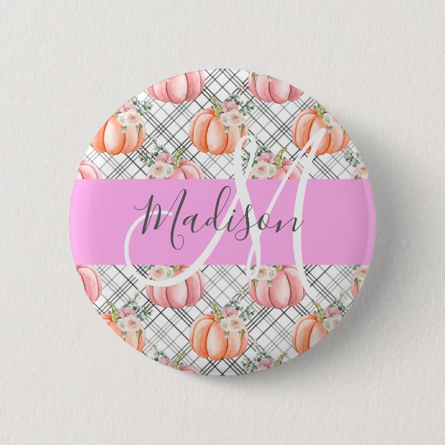 Girly Floral Grey Pink Peach Pumpkin Monogram Name 6 Cm Round Badge (Front)
