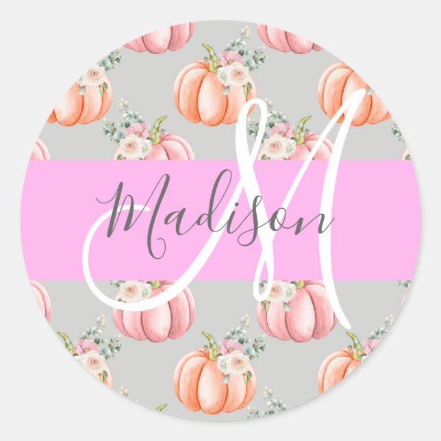 Girly Floral Grey Pink Peach Pumpkin Monogram Name Classic Round Sticker (Front)
