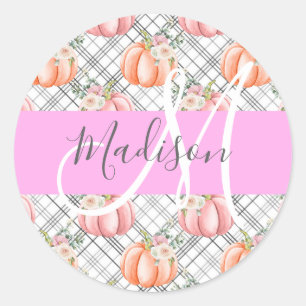 Girly Floral Grey Pink Peach Pumpkin Monogram Name Classic Round Sticker