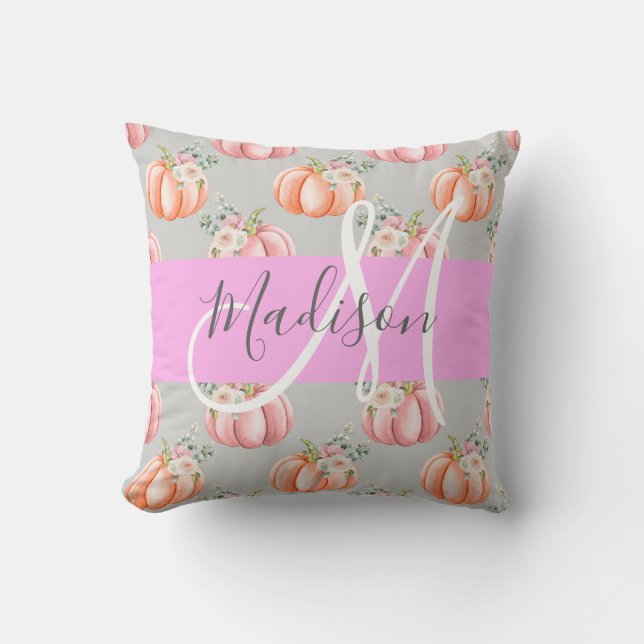 Girly Floral Grey Pink Peach Pumpkin Monogram Name Cushion (Front)