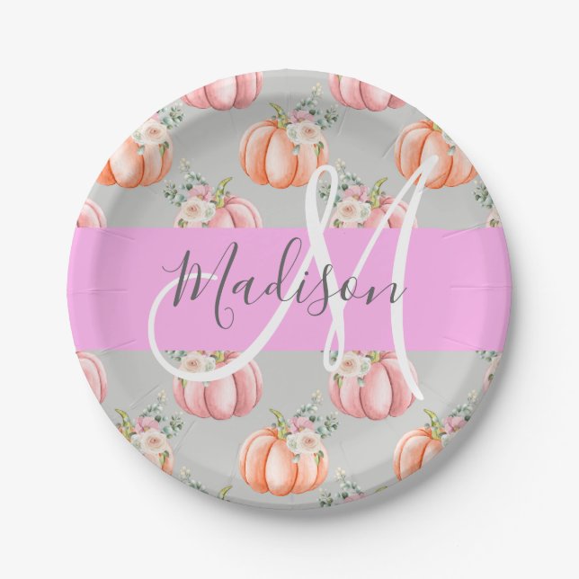 Girly Floral Grey Pink Peach Pumpkin Monogram Name Paper Plate (Front)