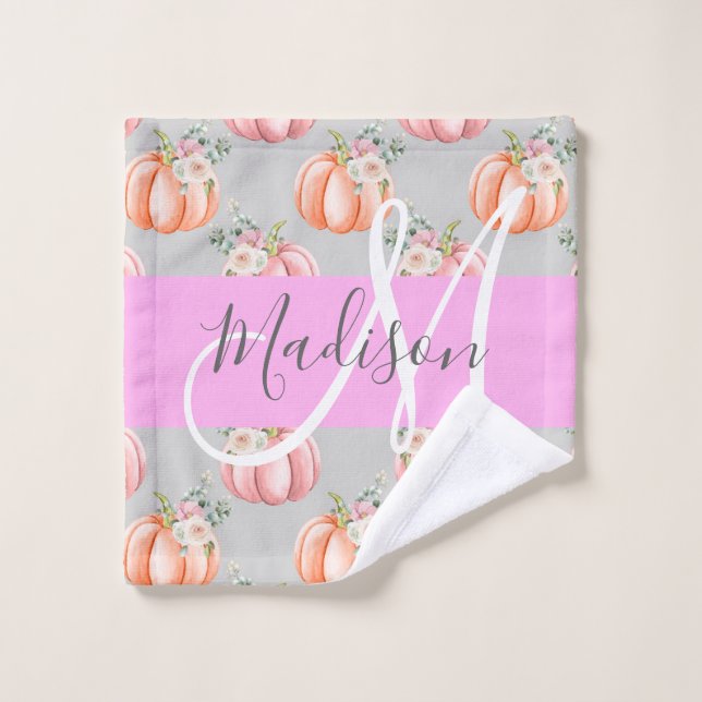 Girly Floral Grey Pink Peach Pumpkin Monogram Name Wash Cloth (Wash Cloth)