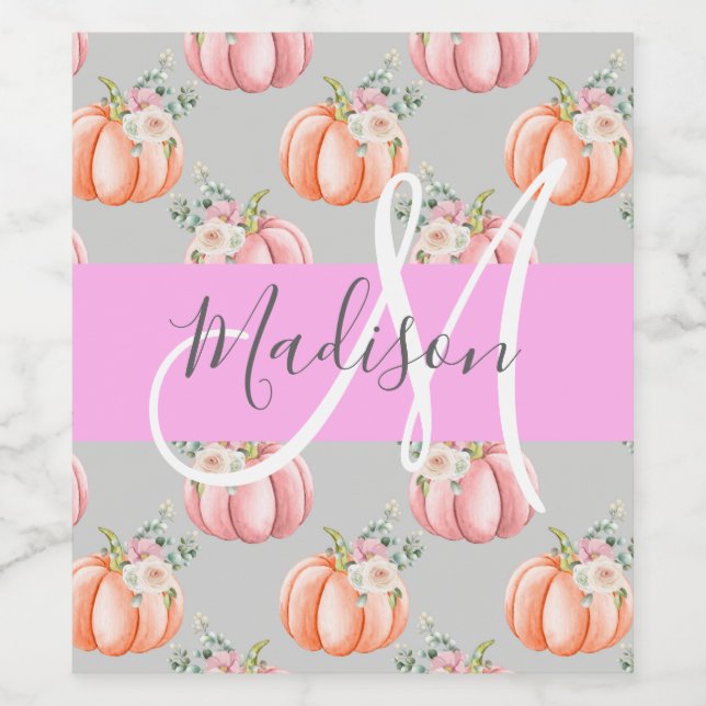 Girly Floral Grey Pink Peach Pumpkin Monogram Name Wine Label (Single Label)