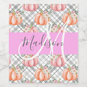 Girly Floral Grey Pink Peach Pumpkin Monogram Name Wine Label
