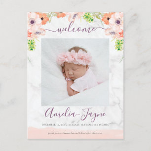 Girly Floral Marble Photo Birth Announcement Postcard