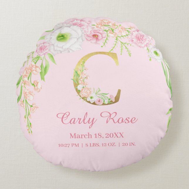Girly Floral Monogram Baby Stats Round Cushion (Front)