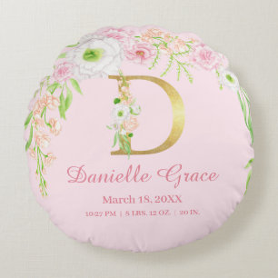 Girly Floral Monogram Baby Stats Round Cushion