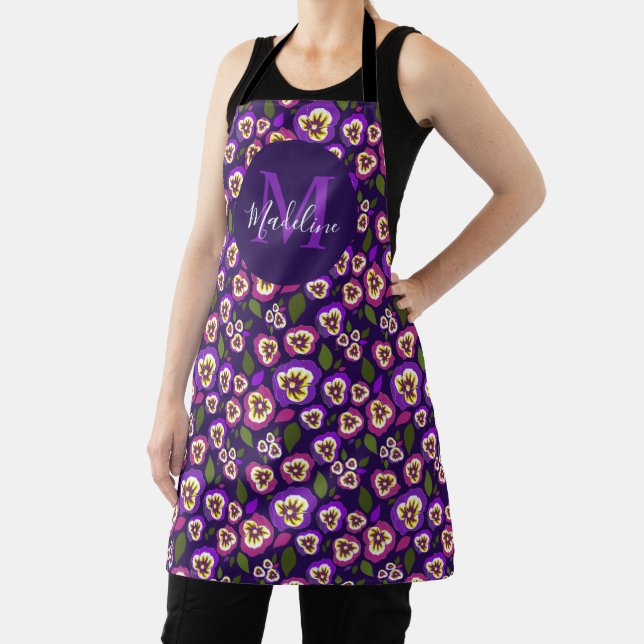 Girly Floral Pansies Pattern Purple Monogram Apron (Insitu)