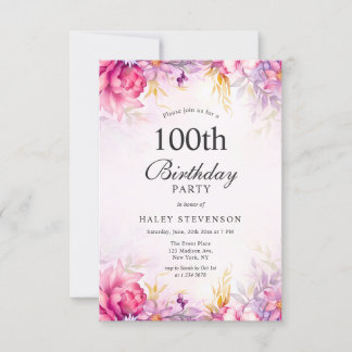 Girly Floral Pastel Watercolor Chic 100th Birthday Invitation