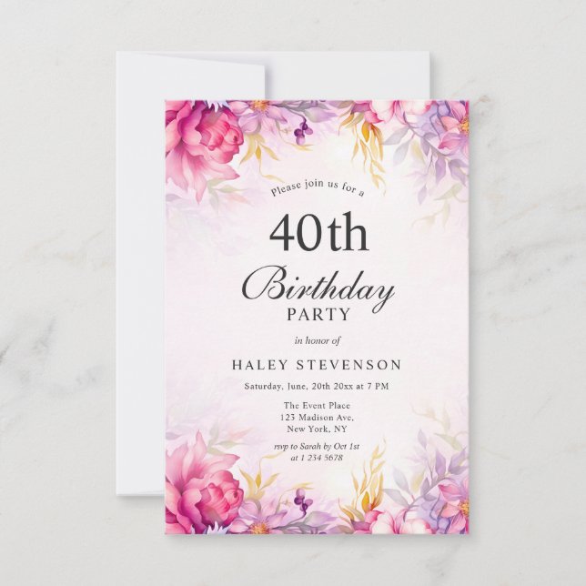 Girly Floral Pastel Watercolor Chic 40th Birthday Invitation (Front)