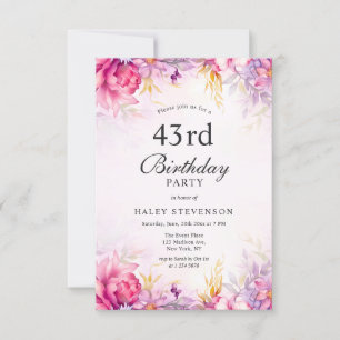 Girly Floral Pastel Watercolor Chic 43rd Birthday Invitation