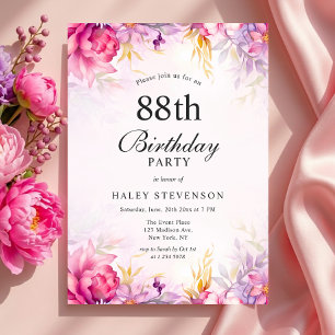 Girly Floral Pastel Watercolor Chic 88th Birthday Invitation