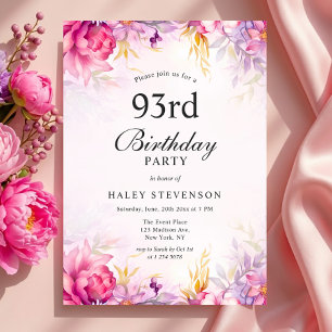 Girly Floral Pastel Watercolor Chic 93rd Birthday Invitation