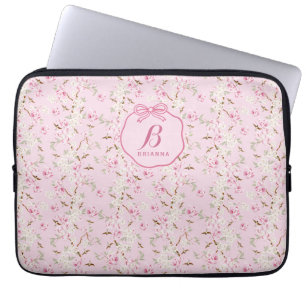 Girly Floral Pink Bow Coquette Monogram Laptop Sleeve
