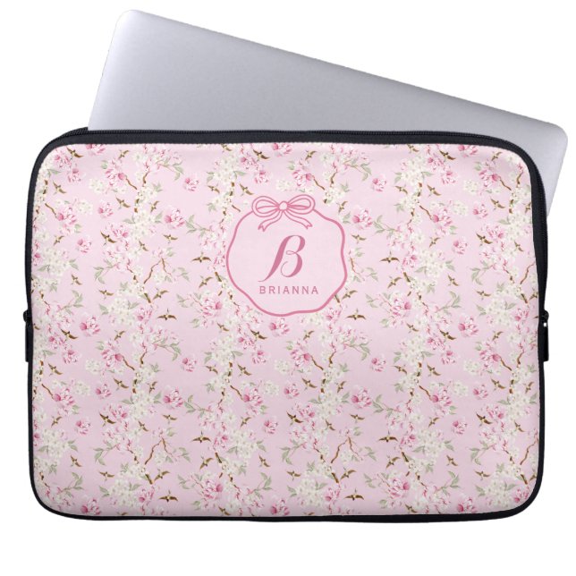Girly Floral Pink Bow Coquette Monogram Laptop Sleeve (Front)