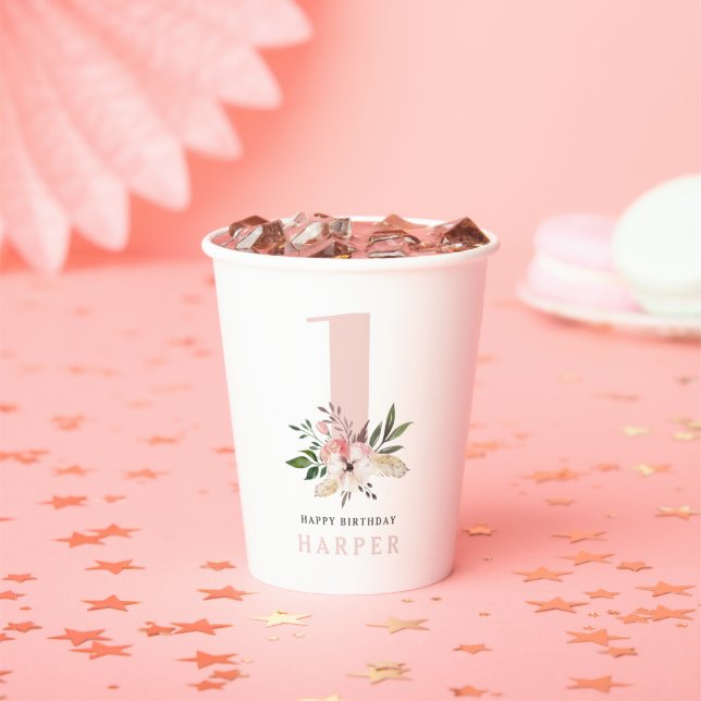 girly floral pink first birthday party paper cups (Insitu)
