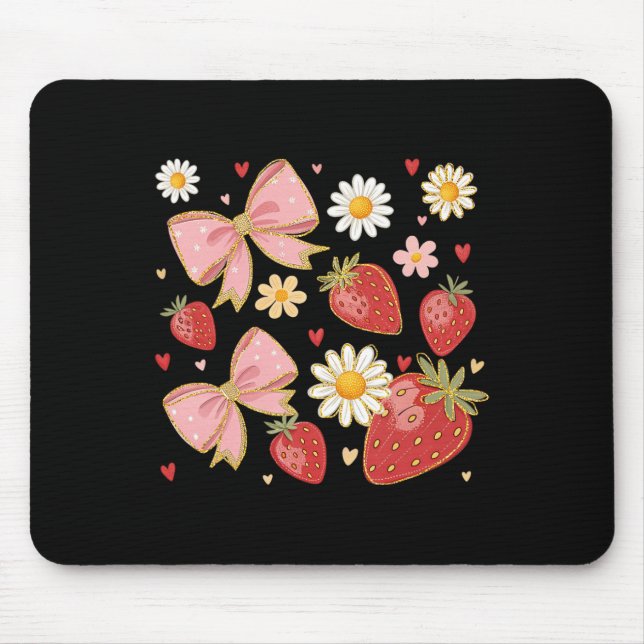 Girly Floral Strawberry Summer Fruit Coquette Bow  Mouse Pad (Front)
