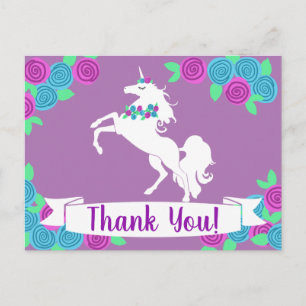 Girly Floral Unicorn & Flowers Thank You Postcard