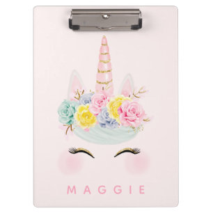 Girly Floral Unicorn Pink Gold Personalised Clipboard