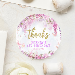 Girly Floral Wisteria Butterfly Birthday Thank You Classic Round Sticker