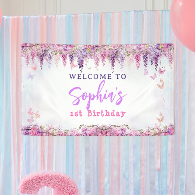 Girly Floral Wisteria Gold Butterfly Kids Birthday Banner (Creator Uploaded)