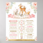 Girly Floral Woodland Deer Birthday Chalkboard Poster<br><div class="desc">Pretty blush,  pink and gold birthday milestone poster featuring elegant watercolor floral and a group of adorable woodland animals</div>
