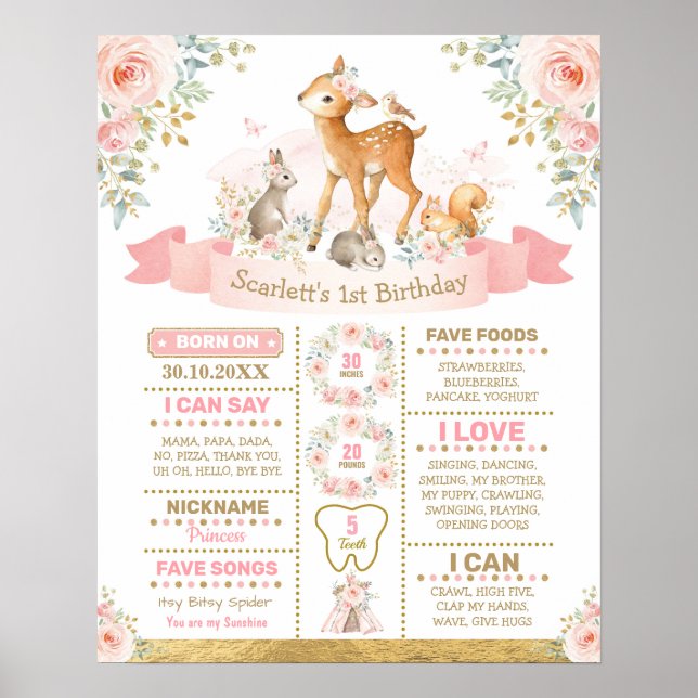 Girly Floral Woodland Deer Birthday Chalkboard Poster (Front)