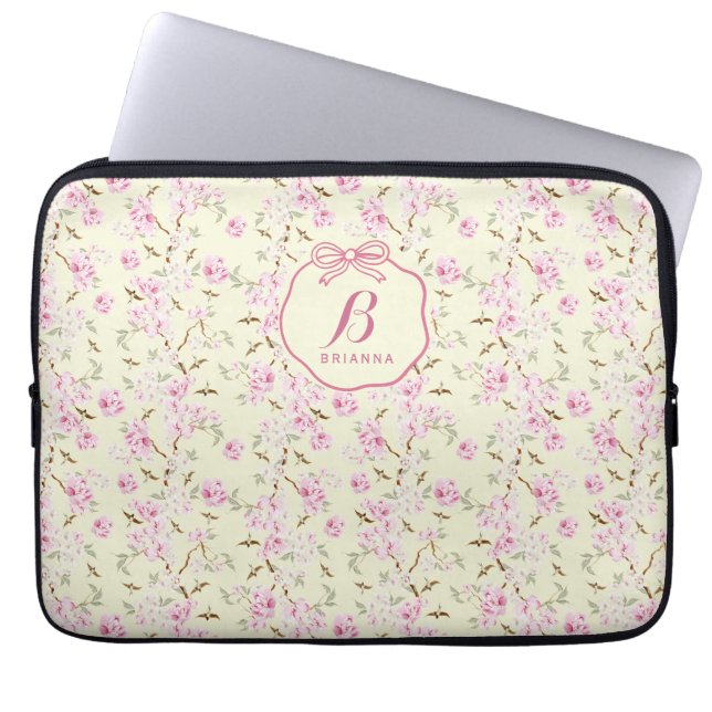 Girly Floral Yellow Pink Bow Coquette Monogram Laptop Sleeve (Front)