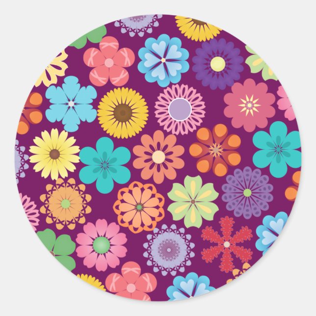 Girly Flower Power Colourful Floral Purple Pattern Classic Round Sticker (Front)