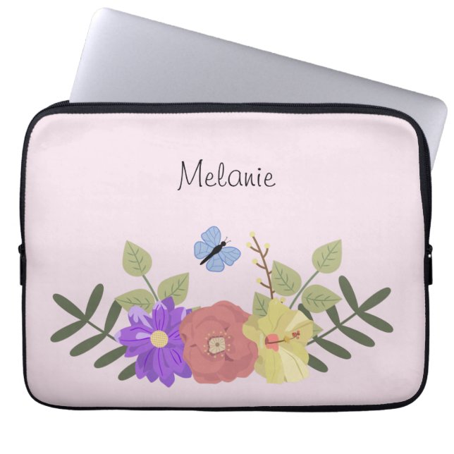 Girly Flowers and Butterfly Pastel Pink Name Laptop Sleeve (Front)