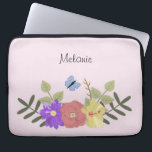Girly Flowers and Butterfly Pastel Pink Name Laptop Sleeve<br><div class="desc">Pretty floral illustration on pastel pink personalised laptop sleeve (background colour can be changed)</div>