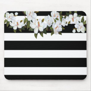 Girly Flowers Magnolia, Stripes Mouse Pad