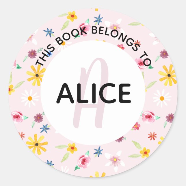 Girly Flowers Monogram and Name Bookplate Classic Round Sticker (Front)
