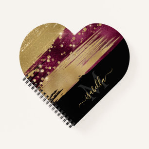 Girly Fun Burgundy Gold Glitter Script Monogrammed Notebook